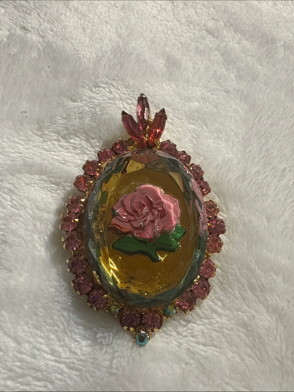 VINTAGE JULIANA RHINESTONE ROSE AZALEA INTAGLIO REVERSE CARVED PIN BROOCH 60/70s